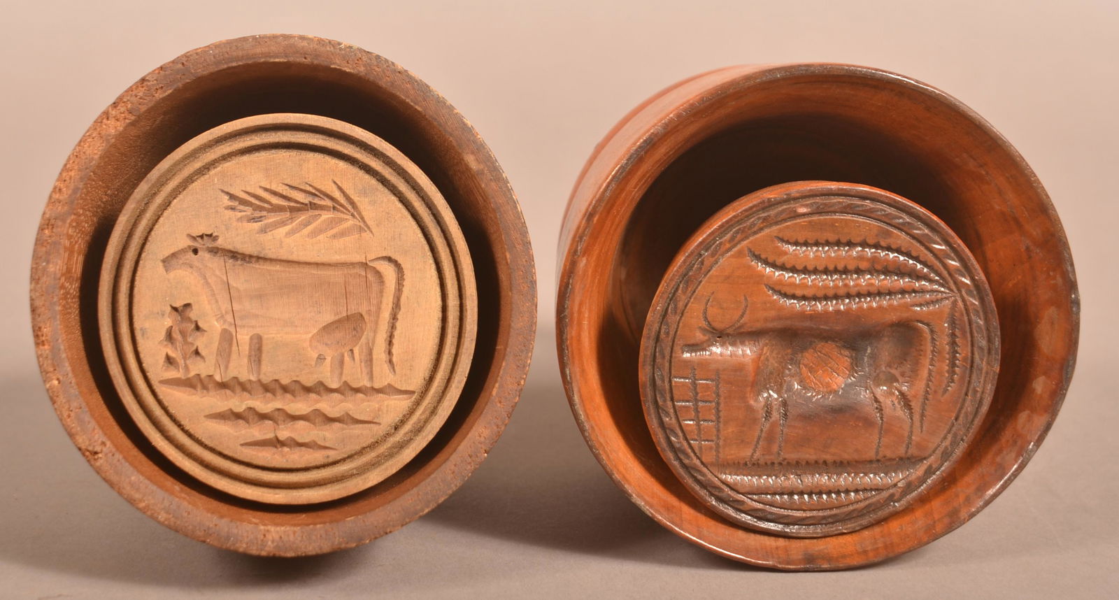 2 Antique Carved Cow Plunger-Type Butter Prints. (1 of 3)