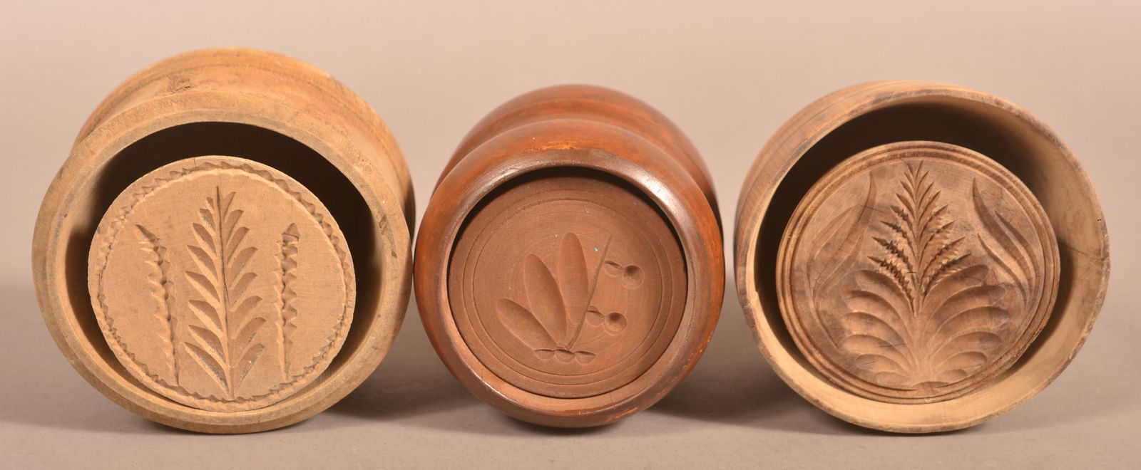 Three Antique Carved Plunger-Type Butter Prints. (1 of 3)