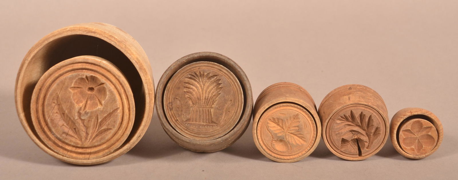 Five Antique Carved Plunger-Type Butter Prints. (1 of 3)