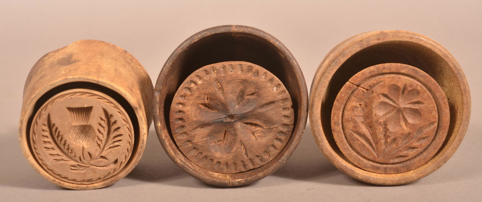 Three Antique Carved Plunger-Type Butter Prints. (1 of 3)