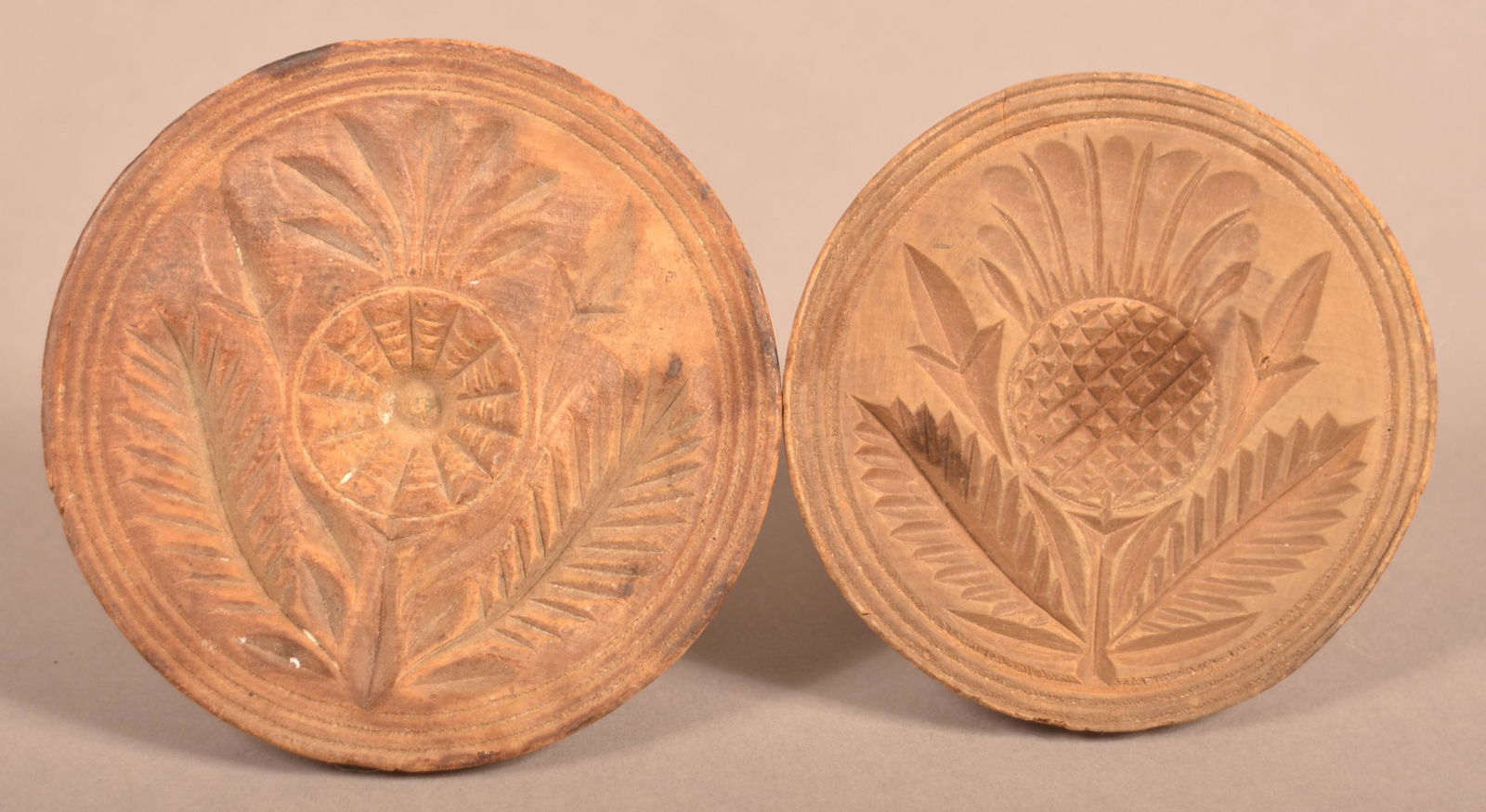 Two Antique Floral Carved Wood Butter Prints. (1 of 3)