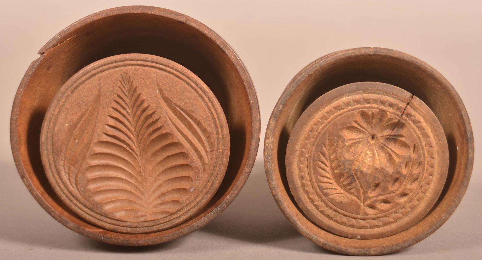 Two Antique Carved Plunger-Type Butter Prints. (1 of 3)