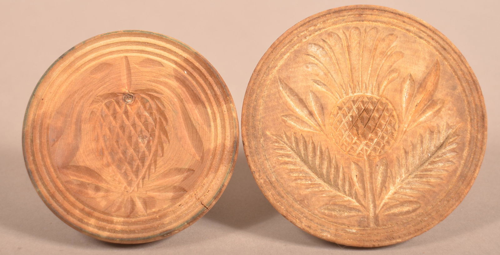 Two Antique Floral Carved Wood Butter Prints. (1 of 3)