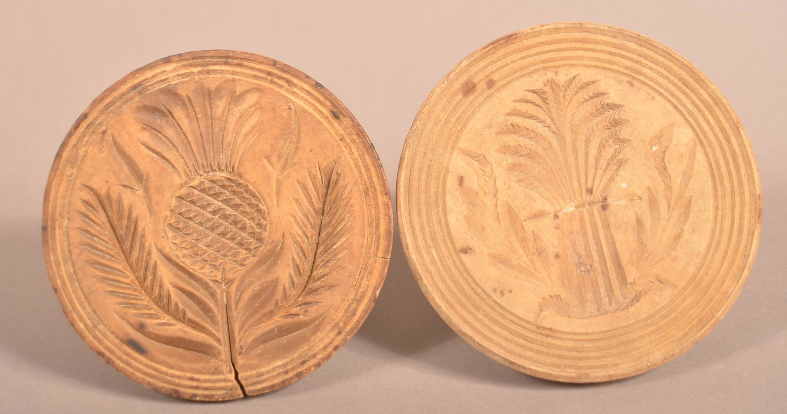 Two Antique Floral Carved Wood Butter Prints. (1 of 3)
