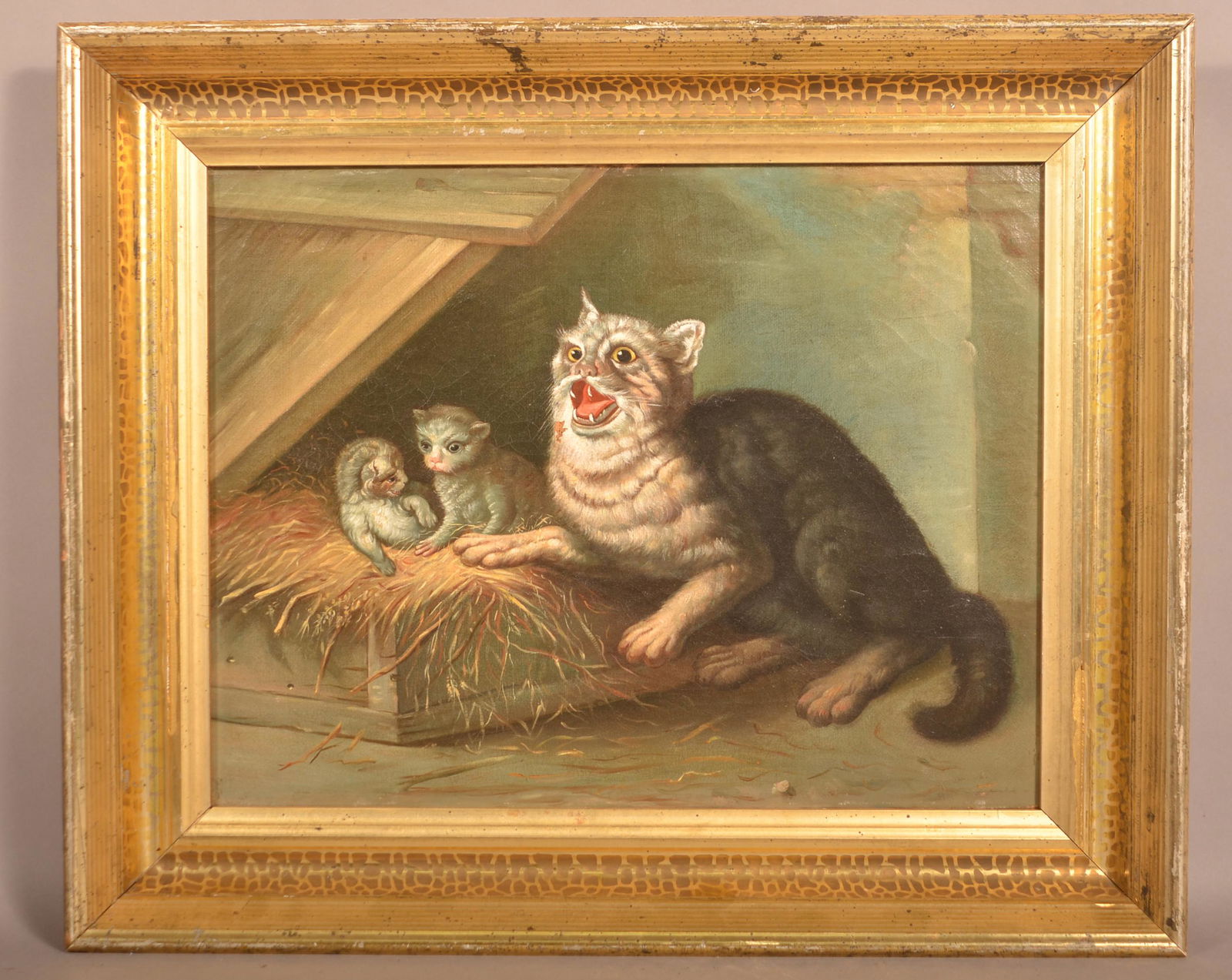 19th Century Oil on Canvas Painting of a Cat. (1 of 3)