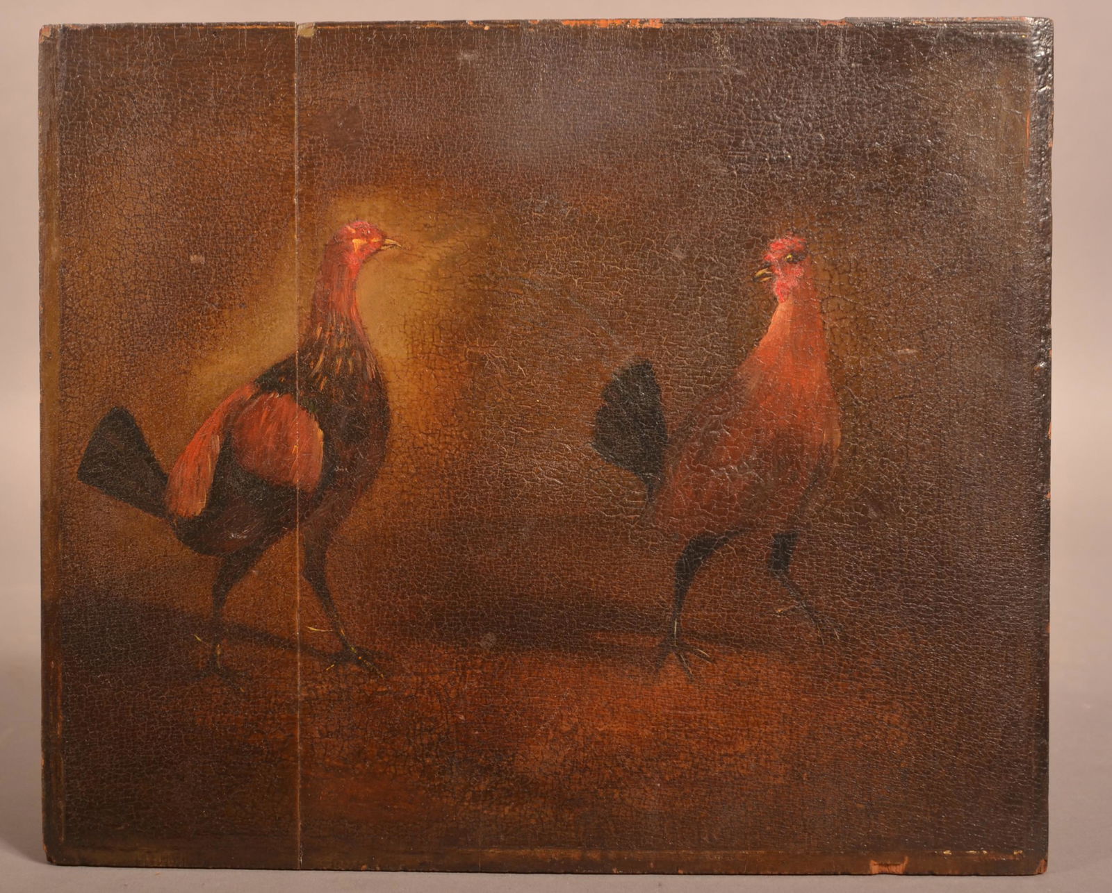 Antique Oil on Board Painting of Two Chickens. (1 of 5)