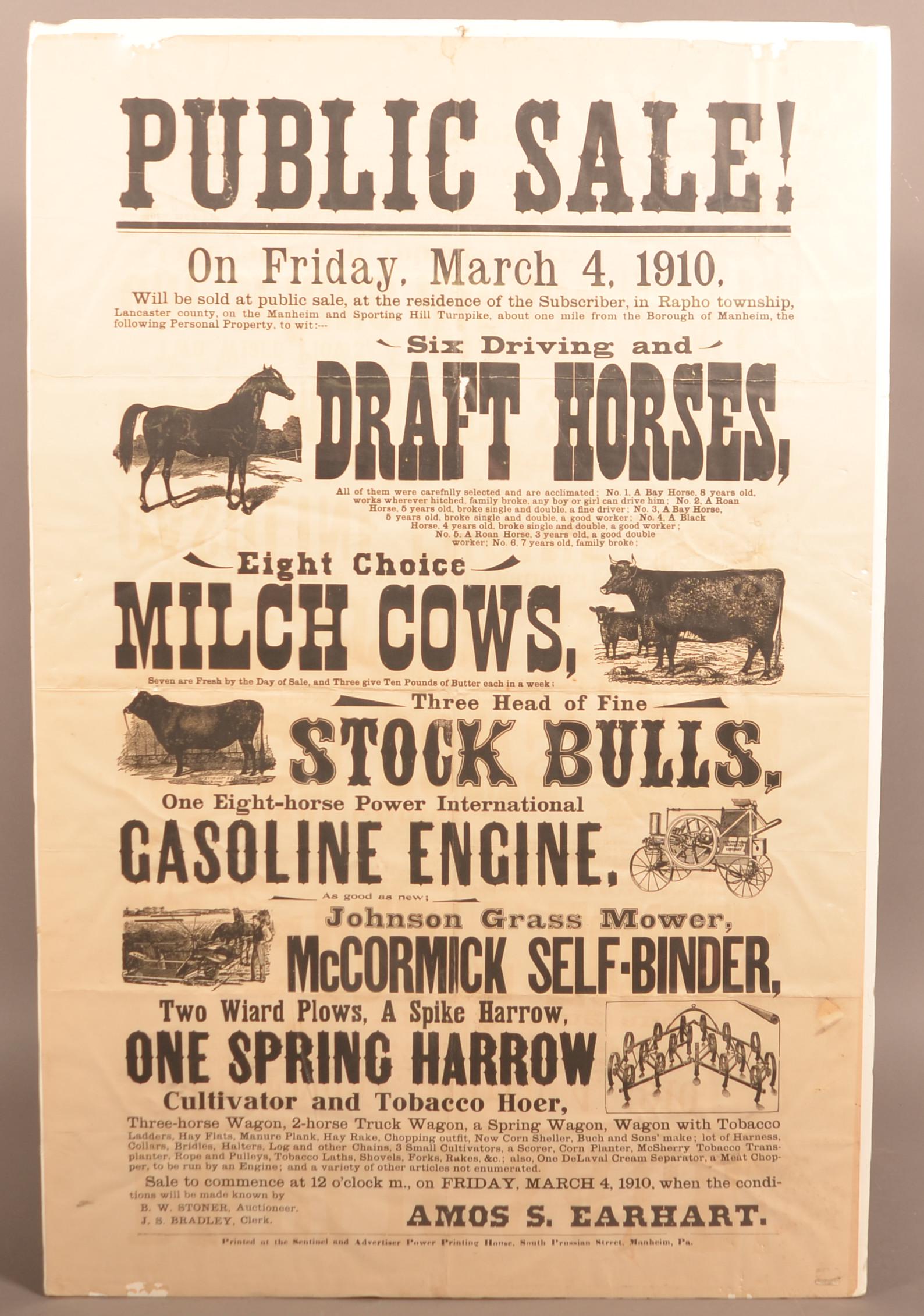 Lancaster Co., PA 1910 Public Sale Broadside. (1 of 3)
