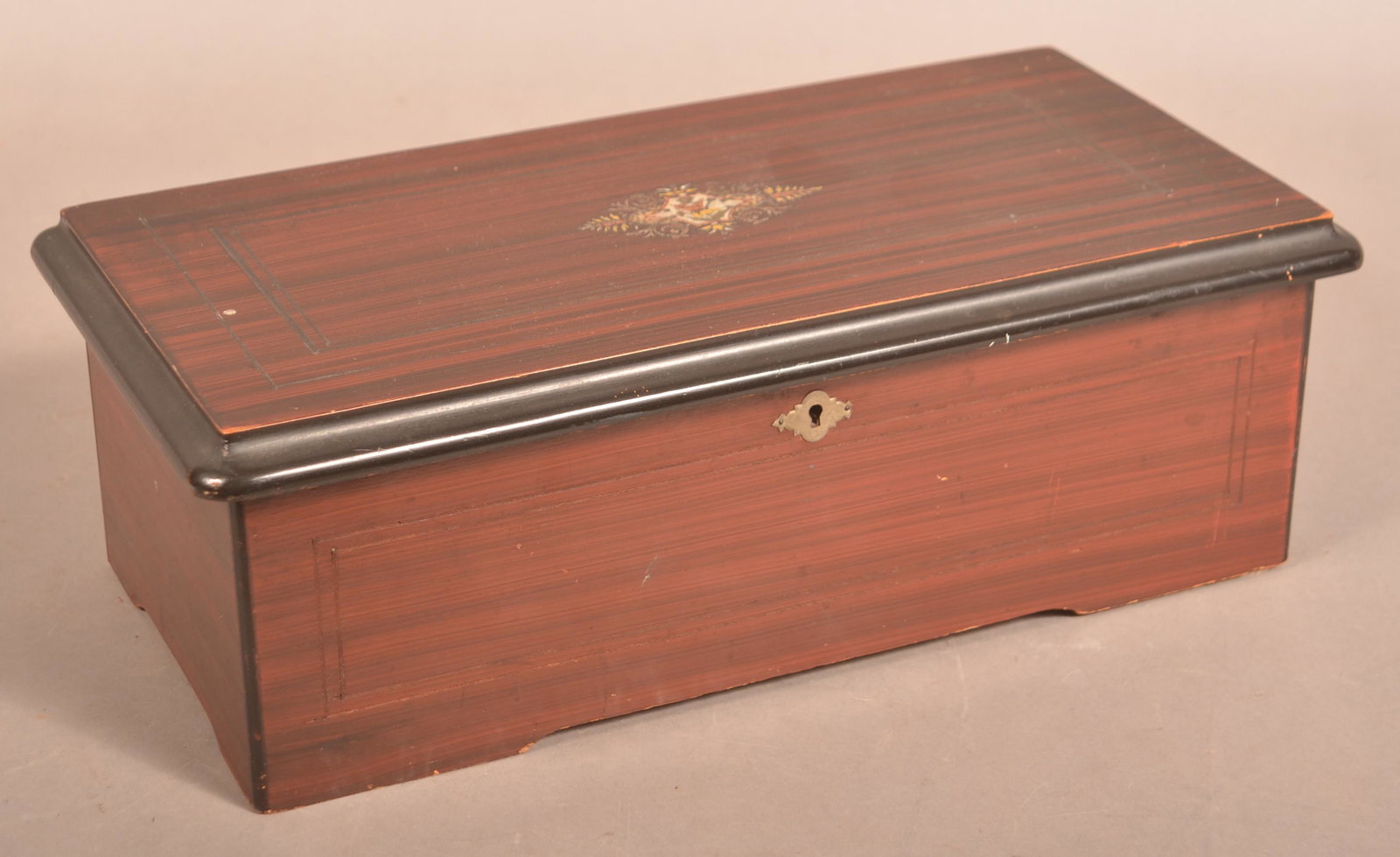 Antique Swiss 8-Tune Cylinder Music Box.: Antique Swiss 8-Tune Cylinder Music Box. 5-1/2"h. x 16"w. x 8-1/2"d. Condition: Good with minor wear.