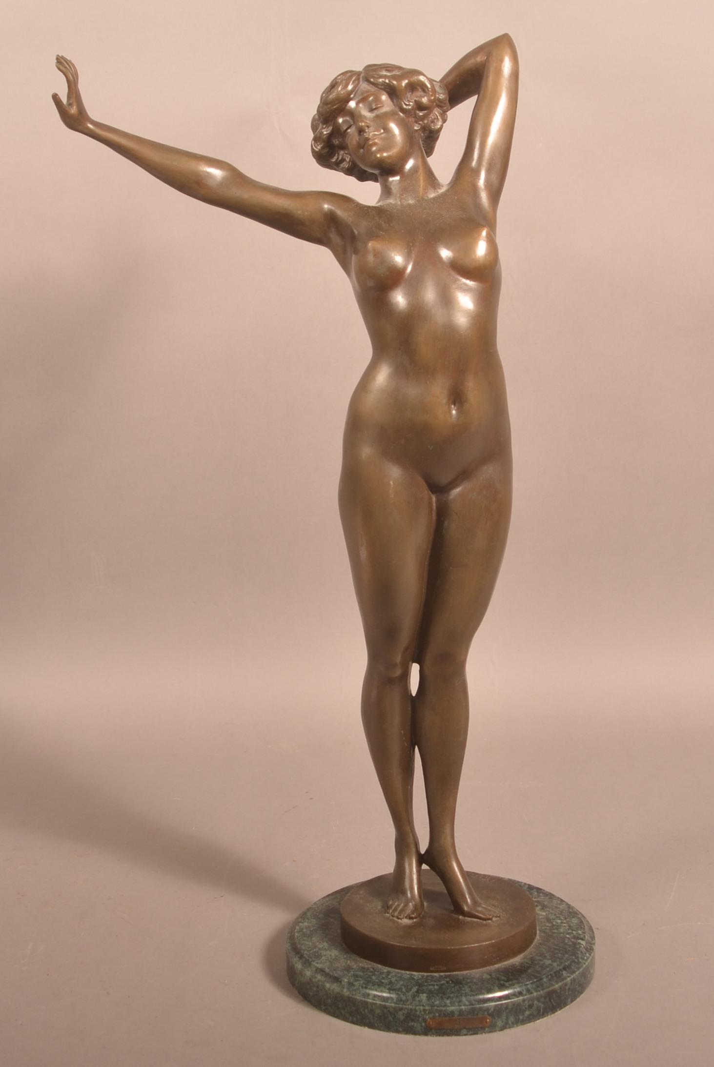 "Nude Awakening" Bronze Sculpture by Philippe.: "Nude Awakening" Bronze Sculpture by Philippe. Mounted on a circular marble base. 29-1/2"h. Condition: Very good.