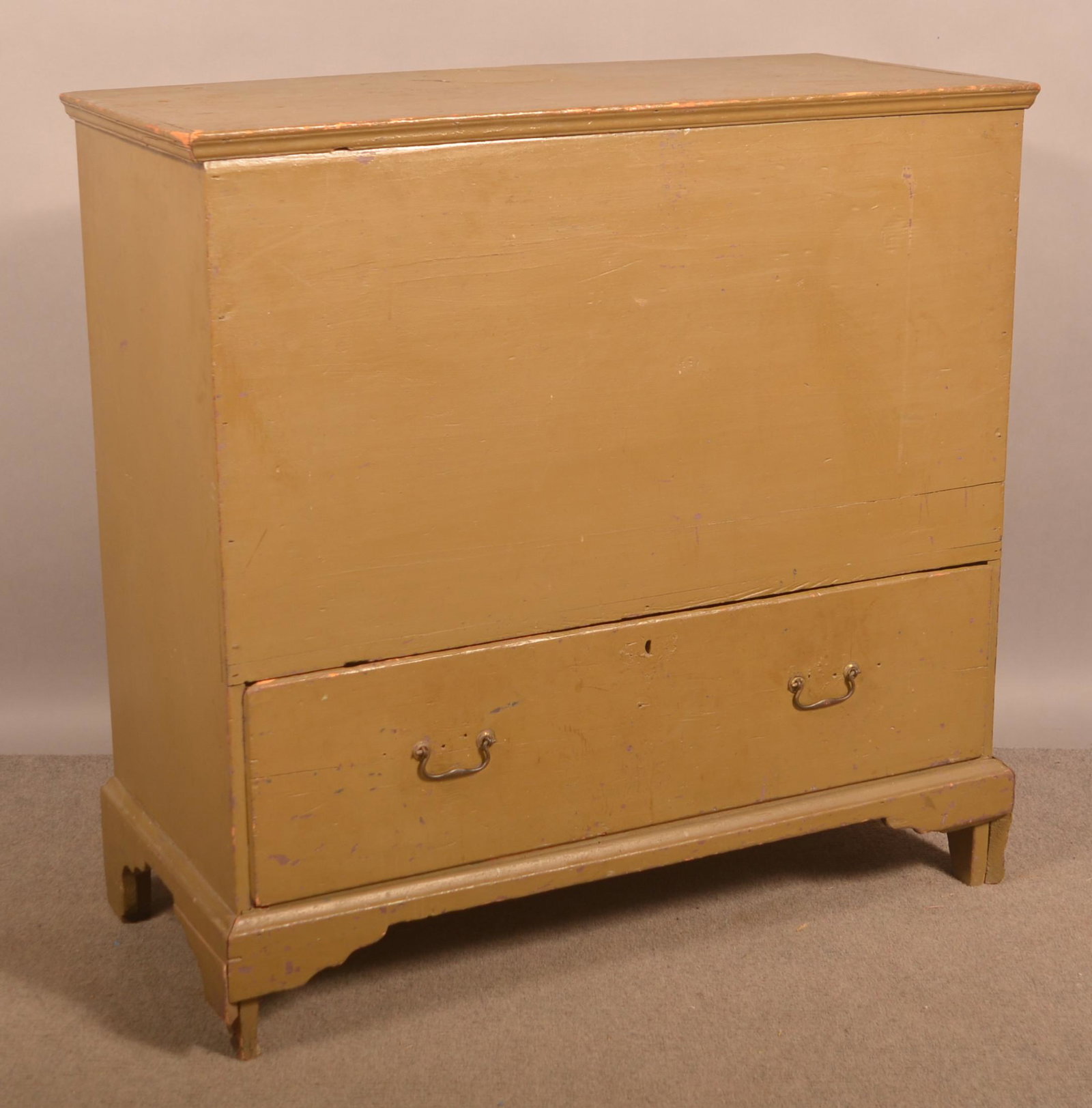 Antique New England Softwood Blanket Chest.: Antique New England Softwood Blanket Chest. Painted sage green. 40"h. x 40"w. x 18-1/2"d. Condition: Good with wear. Losses to feet, one hinge missing.
