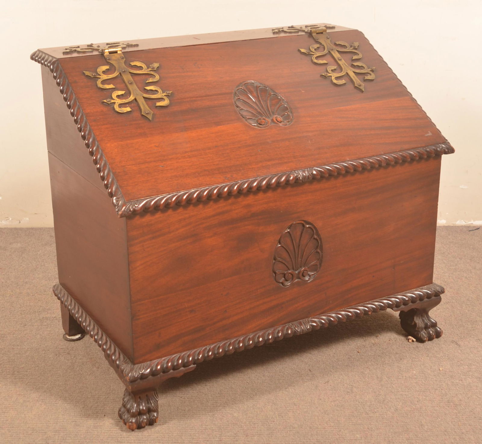 Carved Mahogany Period Style Slant-Lid Chest. (1 of 4)