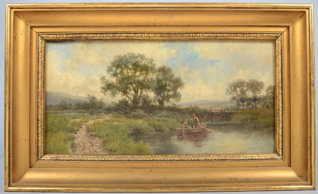 Oil on Canvas of Landscape with Man and Woman in a: Oil on Canvas of Landscape with Man and Woman in a Boat, unsigned, in deep gold wood frame. 11 3/4"h. X 23 1/2"w. sight and 18 1/4"h. X 30 1/4"w. overall. Condition: a couple in painted spots and reva