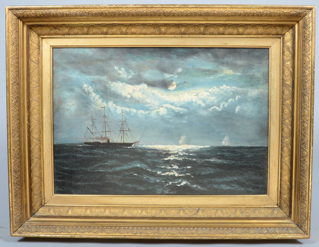 Oil on Canvas of Masted Steam Ship at Sea, unsigned: Oil on Canvas of Masted Steam Ship at Sea, unsigned, in deep gold frame. 13 1/2"h. X 19 3/4"w. sight and 20 3/4"h. X 27"w. overall. Condition: relined and in painted.