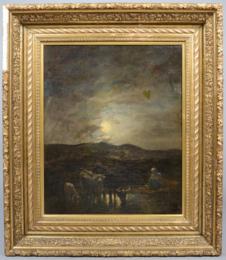 Oil on Canvas Night Scene of Dutch Girl Tending Cat: Oil on Canvas Night Scene of Dutch Girl Tending Cattle, indistinct signature in lower right, in deep gold frame. 21 1/4"h. X 17 1/2"w. sight and 30 1/4"h. X 26 1/2"w. overall. Condition: relined, vari