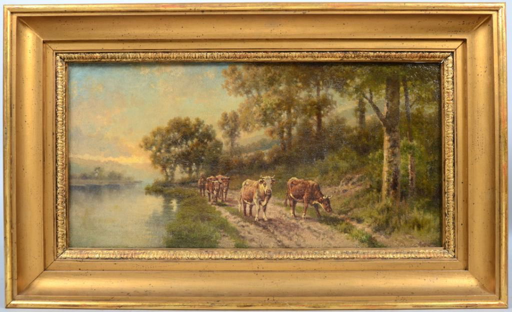 Oil on Canvas of Cattle on Riverside Path, signed i: Oil on Canvas of Cattle on Riverside Path, signed in lower right corner: "W. H. Casper", in deep gold wood frame. 11 1/2"h. X 23 1/2"w. sight and 18 1/4"h. X 30 1/4"w. overall. Condition: Good.