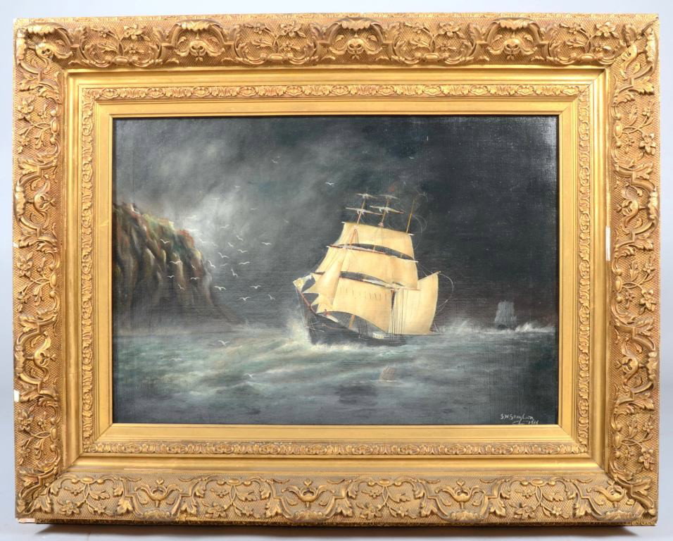 Oil on Canvas of Ship at Sea in Storm, signed: " S.: Oil on Canvas of Ship at Sea in Storm, signed: " S. W. Sampson, 1916" in lower right corner. Inscribed on back of canvas "Rounding Cape Horn". 17 1/2"h. X 25 1/2"w. sight and 29"h. X 37"w. overall. Co
