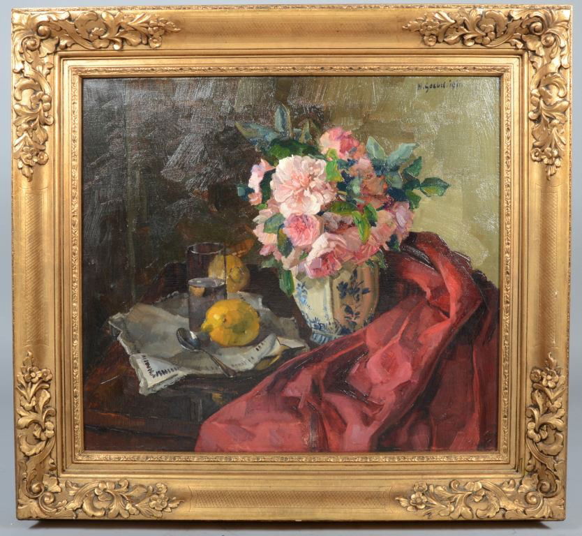 Oil on Canvas Impressionist Still Life on Table, si: Oil on Canvas Impressionist Still Life on Table, signed: "H. Gochel, 1911" in upper right corner, in deep gold painted wood frame. 24 1/2"h. X 27 1/4"w. sight and 33 1/2"h. X 36 1/4"w. overall. Condit