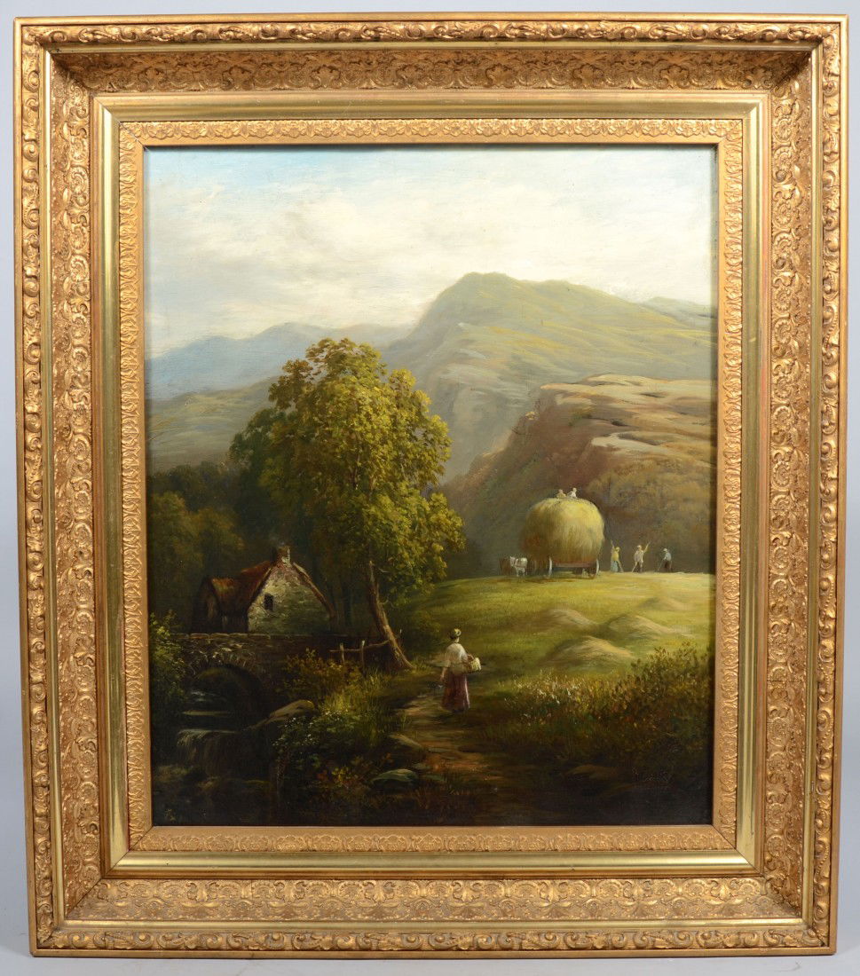 Oil on Canvas of Harvest Scene in the Mountains, si: Oil on Canvas of Harvest Scene in the Mountains, attributed to English artist Alfred Glendenning, died in 1907, signed: an A over G, '88, in lower left corner, in deep gilt wood frame. 23 1/2"h. X 19