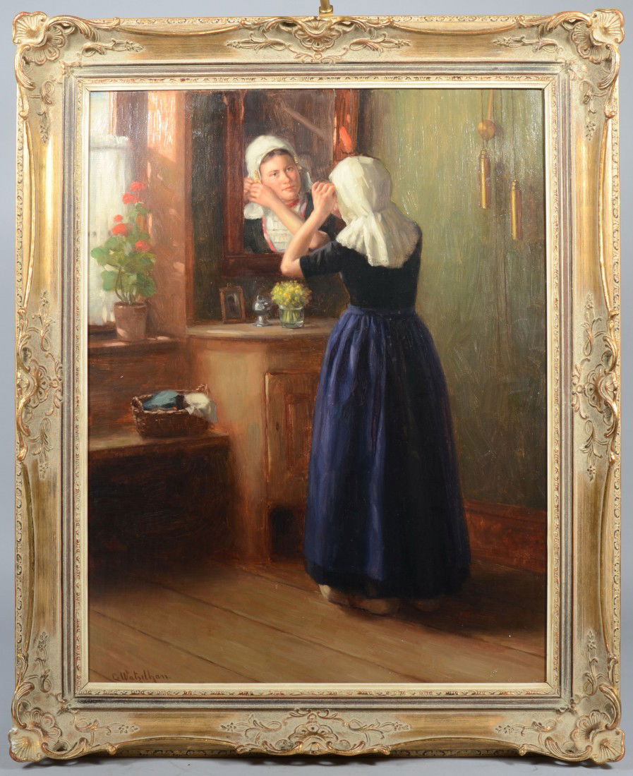 Oil on Canvas of Dutch Woman at a Looking Glass, si: Oil on Canvas of Dutch Woman at a Looking Glass, signed: "C. Watzelhan", Carl Watzelhan b. 1867 & d. 1942 Austrian, in lower left corner. Displayed in beautiful gold toned frame; 31 1/2"h. X 24 1/4"w.