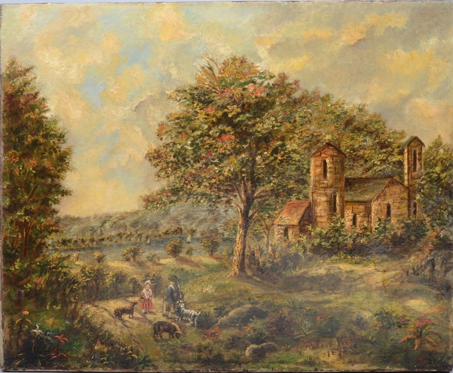 Oil on Canvas of Landscape with Stone Building and : Oil on Canvas of Landscape with Stone Building and a couple with animals, signed: "Robert Keller, 1878", no frame. Stretched canvas measures: 17"h. X 21"w. Condition: relined, possibly some in paintin