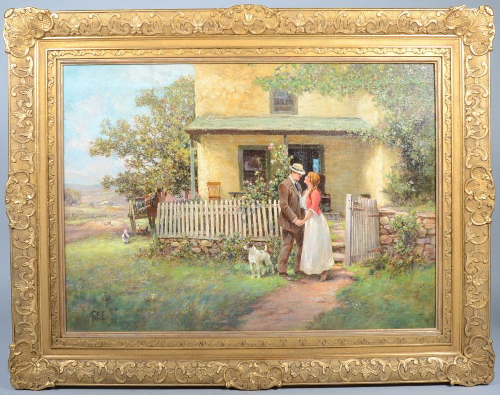 Oil on Canvas of a Couple Meeting in Front of House: Oil on Canvas of a Couple Meeting in Front of House, initialed: "F. F. E." in lower left corner. Large painting in ornate gold wood frame; 25 1/2"h. X 35 1/2"w. sight and 35 3/4"h. X 46"w. overall. Co