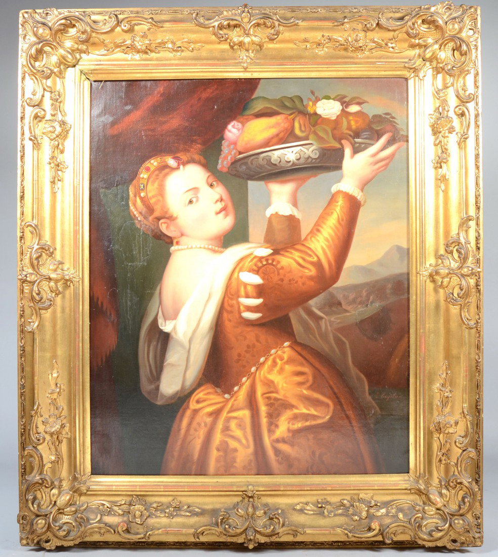 Oil on Canvas of Renaissance Era Woman with Charger