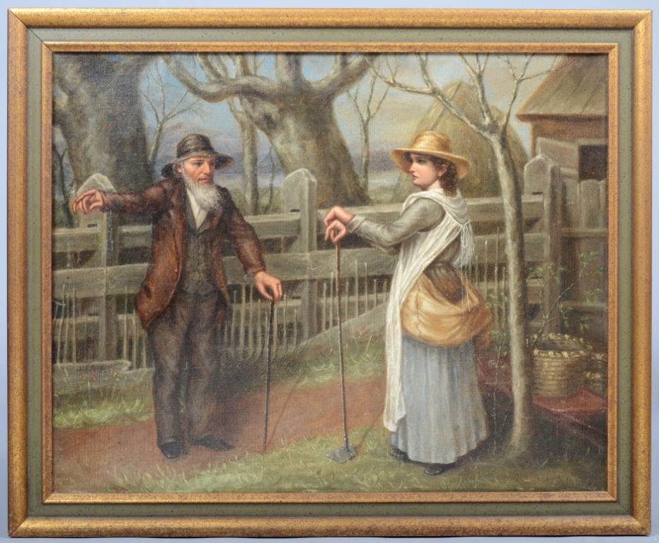 Oil on Canvas of Old Man and young Woman Conversing: Oil on Canvas of Old Man and young Woman Conversing; unsigned, handwritten card attached to back states: "Jackson, T. J. , listed artist, Charleston, S. C.". Image in painted wood frame: 15 1/2"h. X 1