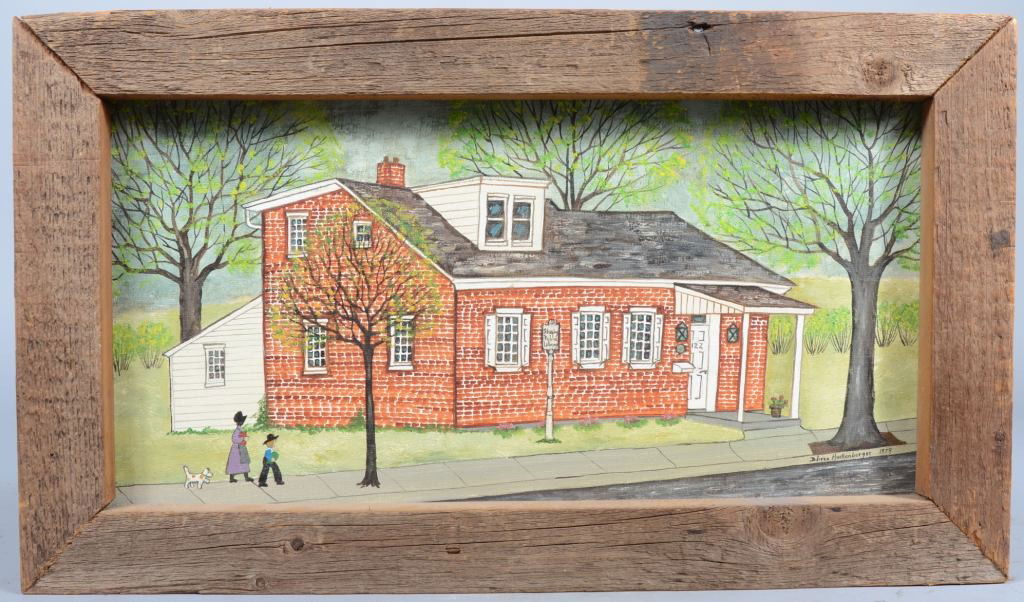 Dolores Hackenberger Oil on Canvas Board, image of: Dolores Hackenberger Oil on Canvas Board, image of Strasburg, PA. Public Library, dated 1979, in a barn wood frame. Signed in lower right corner. 13 1/4"h. X 22 7/8"w. Condition: Good. Info package on