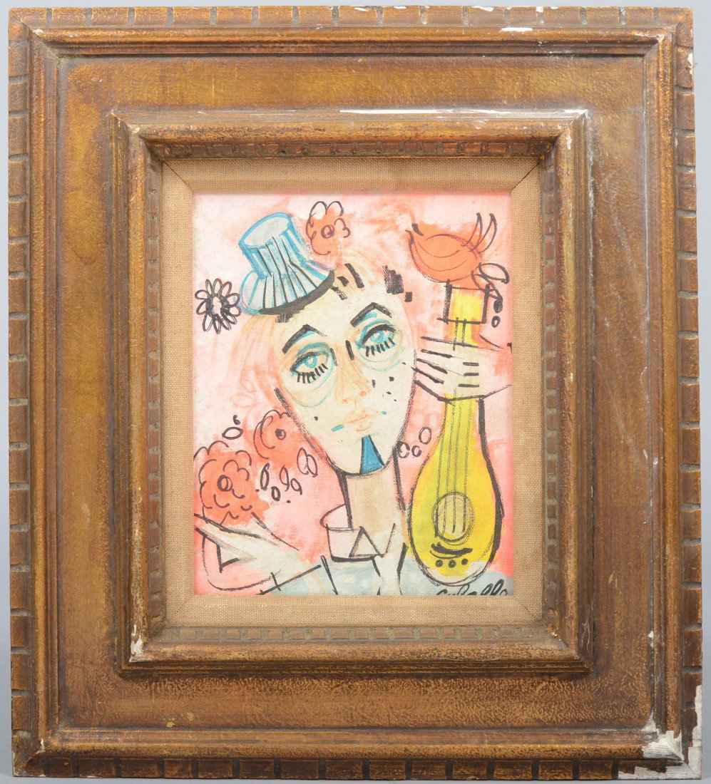 Acrylic on Canvas of Musician, signed: "Cobelle" in: Acrylic on Canvas of Musician, signed: "Cobelle" in lower right corner. Charles Cobelle, b. 1902 France - d. 1998 France. Worked in Connecticut & France. 9 1/2"h. 7 1/2"w. sight and 18 1/4"h. X 16 1/4