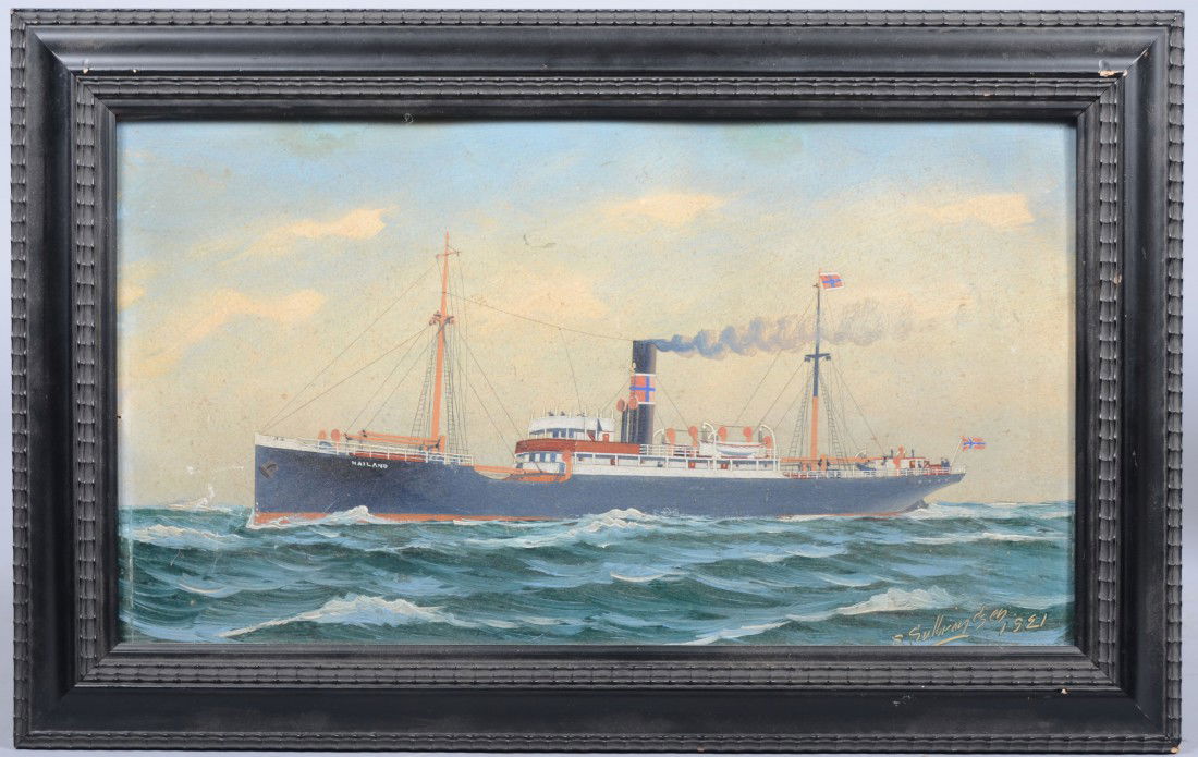 Oil on Board(wood) of Norwegian Ship "Mailand", sig: Oil on Board(wood) of Norwegian Ship "Mailand", signed in lower right: "E. Gulbrandsen" 1921. 7 5/8"h. X 13 3/4"w. sight and 10 3/4"h. X 17"w. overall. Condition: Good.
