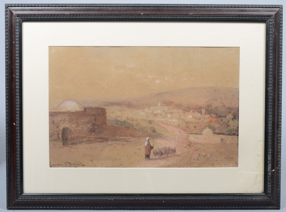 Watercolor and Gouache on Paper of Middle Eastern C: Watercolor and Gouache on Paper of Middle Eastern City, signed: "Lucien W. Powell" in lower left corner. Known for his large scale paintings of the Grand Canyon, Powell started painting after service