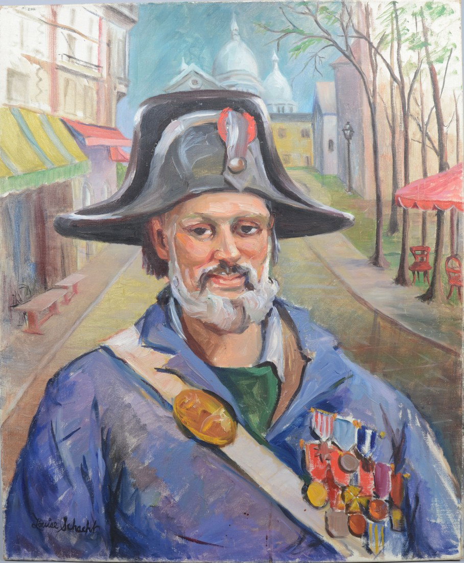 Oil on Canvas Portrait of Spanish or French Soldier: Oil on Canvas Portrait of Spanish or French Soldier, signed: "Louise Schacht" in lower left. Born in NYC in 1908 and died there in 1988. Father owned Schacht Galleries, NYC, mid 20th century. Stretche