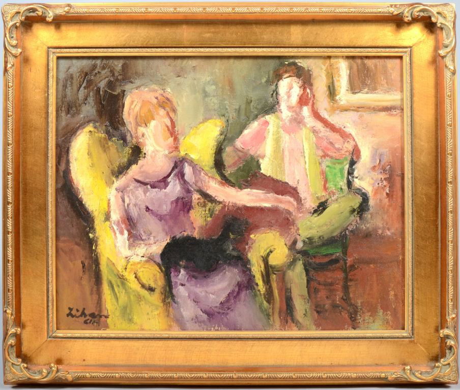 Oil on Canvas Board of Two People in a Parlor, sig: Oil on Canvas Board of Two People in a Parlor, signed: "Likan, '61" in lower left corner. Gustav Likan, b. 1912, Yugoslavia and died 1998, Texas. Renown portrait artist of Heads of State and Royalty.