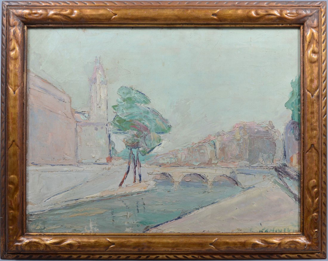 Oil on Canvas Modernist Palet Knife Painting of Ri: Oil on Canvas Modernist Palet Knife Painting of River in a City, signed: "Kaminski" in lower right corner. Unknown. 17 1/4"h. X 23 1/2"w. sight and 22 1/4"h. X 28 1/4"w. overall. Condition: Good.