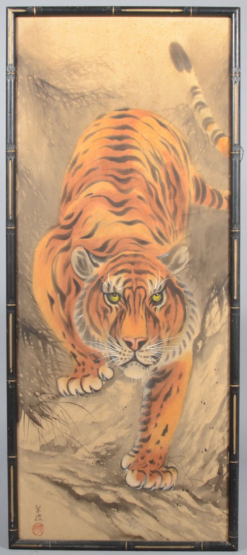 Japanese Handpainted Tiger On Silk, signed in lowe: Japanese Handpainted Tiger On Silk, signed in lower left corner. Unknown. 39 1/2"h. X 16 1/4"w. sight and 41"h. X 17 1/2"w. overall. Condition: soiling.