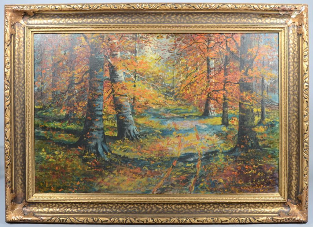 Large Framed Oil on Canvas of Trail in the Woods,: Large Framed Oil on Canvas of Trail in the Woods, signed in lower right corner: "G. Dye Meyncke, '29." Gretchen Dye Meyncke was born in Indianapolis, In. in 1893. A student at Herron School of Art whe