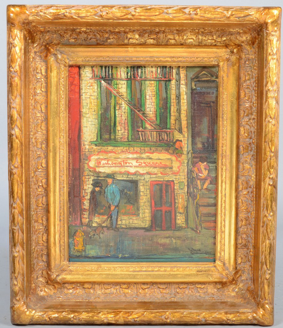 Oil on Canvas City Street Scene with Washington Sq: Oil on Canvas City Street Scene with Washington Square Sign, signed: "Jo Anne Schneider" in lower right corner; born 1919 in New York City; in deep gold wood frame. 11 3/4"h. X 8 3/4"w. sight and 18"h