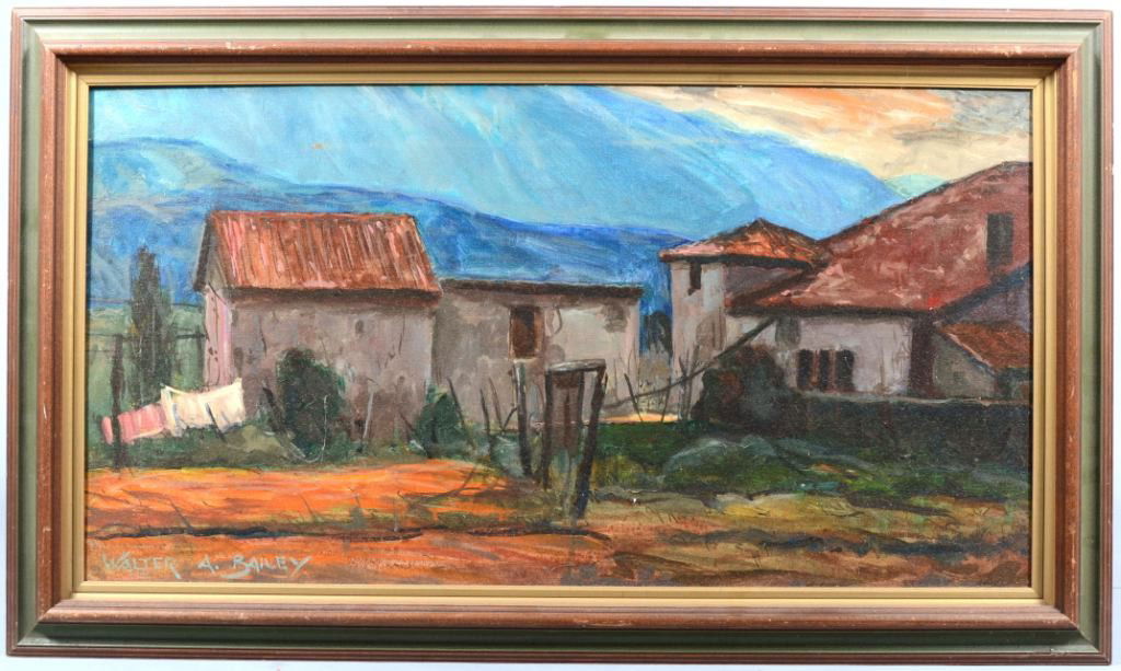 Acrylic on Canvas Board of Rural Italian Mountain: Acrylic on Canvas Board of Rural Italian Mountain Villa, signed: "Walter A. Bailey" in lower left corner. Born in Kansas in 1894 he studied at Kansas City Art Institute under Thomas Hart Benton and di