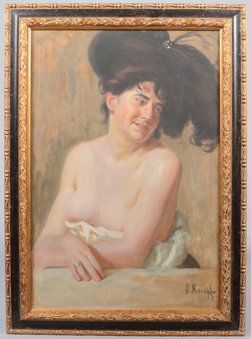 Acrylic on Composition Board of Nude Woman with La: Acrylic on Composition Board of Nude Woman with Large Black Hat, signed: "A. Kampf" in lower right corner. Arthur Kampf, Germany, b. 1864 - d. 1950. In black and gols wood frame, 27 1/2"h. X 18 1/2"w.
