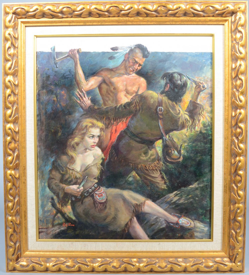 Pulp Fiction Cover Art Oil on Canvas Board, signe: Pulp Fiction Cover Art Oil on Canvas Board, signed: "Ray Pease" in lower left. Born in Vermont in 1908 Ray lived and worked in New York and Arizona and created many covers for pulp fiction paperback n