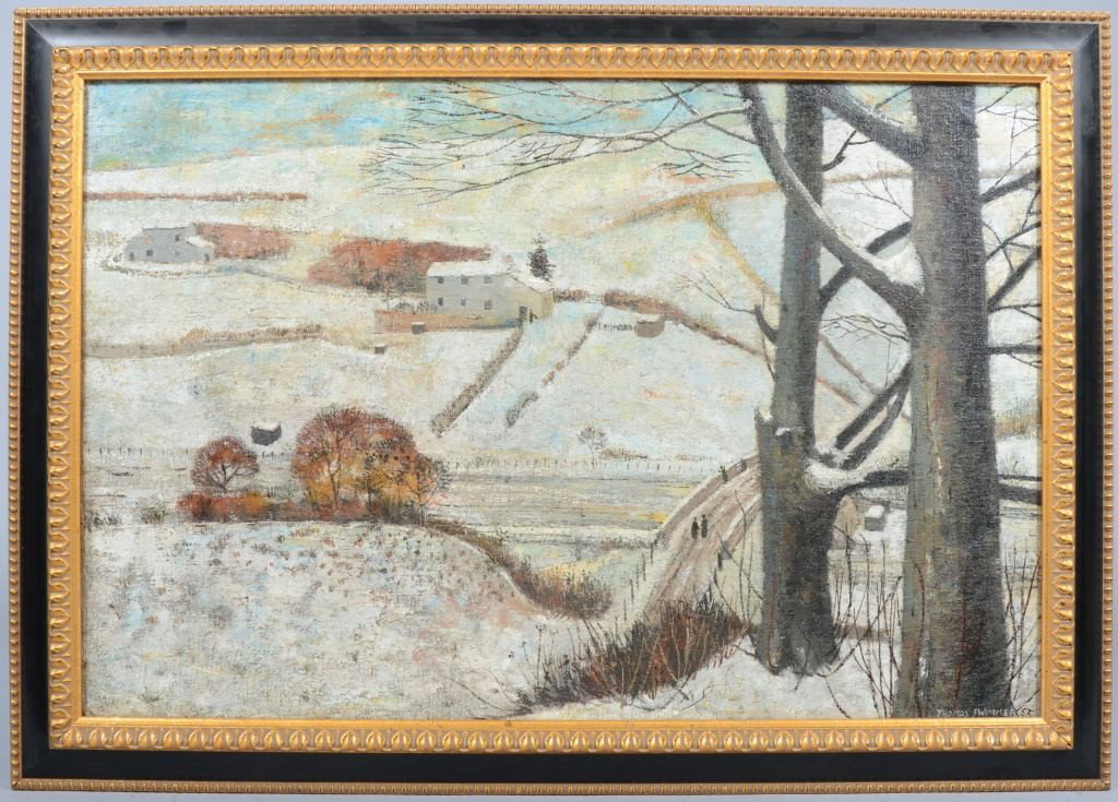 Oil on Fabric on Masonite, Titled: " South Devon S: Oil on Fabric on Masonite, Titled: " South Devon Snowscape", signed: "Thomas Swimmer, '55" in lower right corner. Swimmer is a British citizen, born in 1932. Painting is in a gold and black wood frame