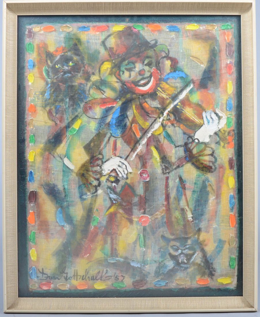 Oil on Gauze on Board of a Fiddle Playing Clown, s: Oil on Gauze on Board of a Fiddle Playing Clown, signed: " Dan Gottschalk '57" in lower left corner. Painting in white painted wood frame, 29 1/4"h. X 23 1/4"w. sight and 32" h. X 26"w. overall. Condi