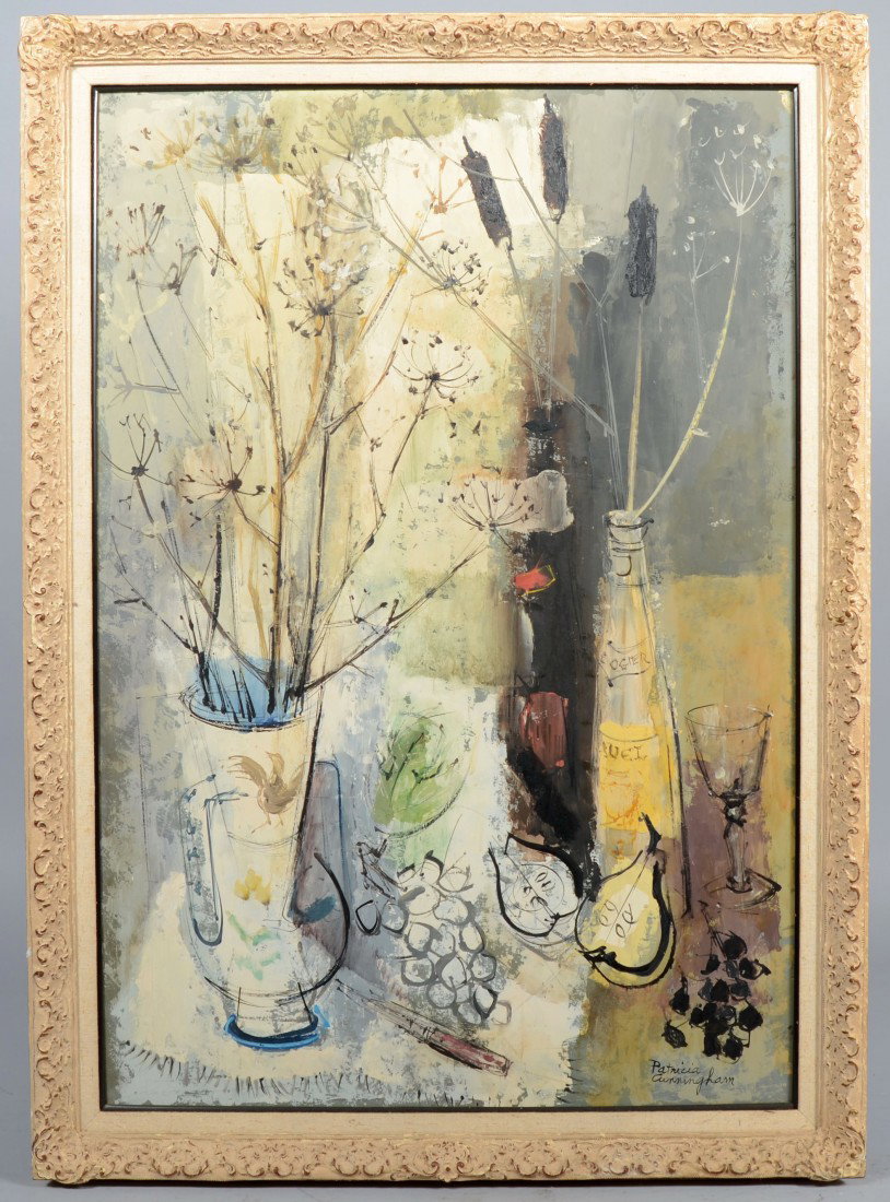 Acrylic on Art Board of Mod-Genre Still Life, sign: Acrylic on Art Board of Mod-Genre Still Life, signed: "Patricia Cunningham" in lower right corner. A life long resident of California, Patricia was born there in 1907. She embraced the mod-genre style