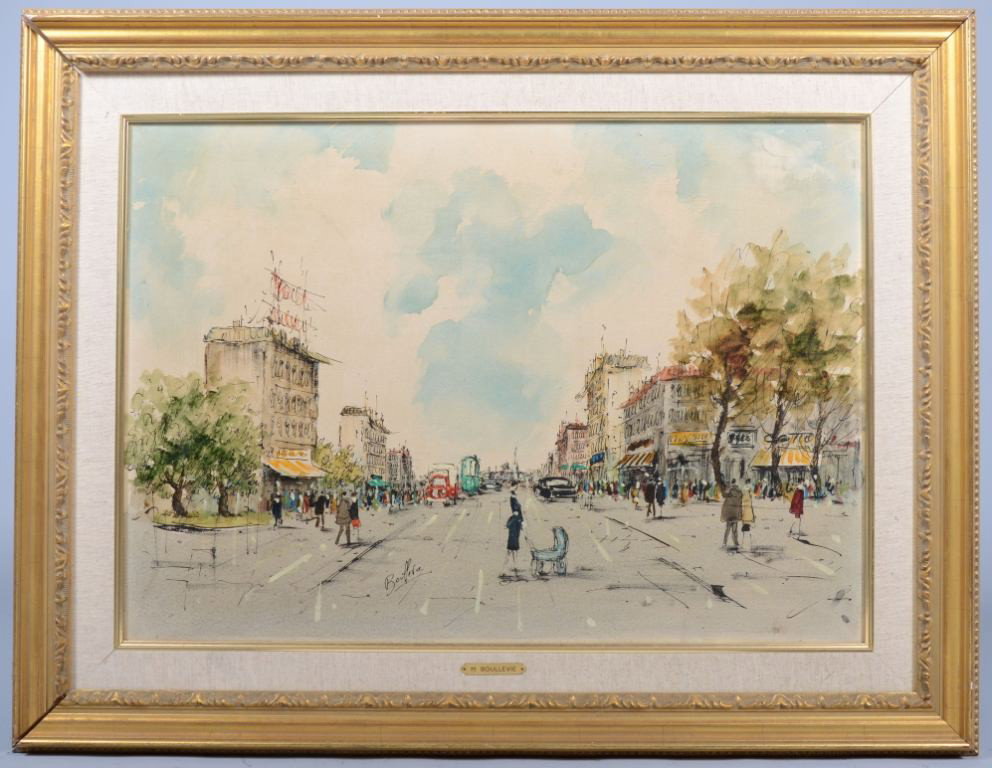 Oil on Canvas of Parisian Street Scene, signed: "B: Oil on Canvas of Parisian Street Scene, signed: "Boullevie" in lower center. Marie Boullevie is a contemporary and admirer of Raoul Dufy and was a student at Ecele des Beaux Arts, Paris. Painting in a