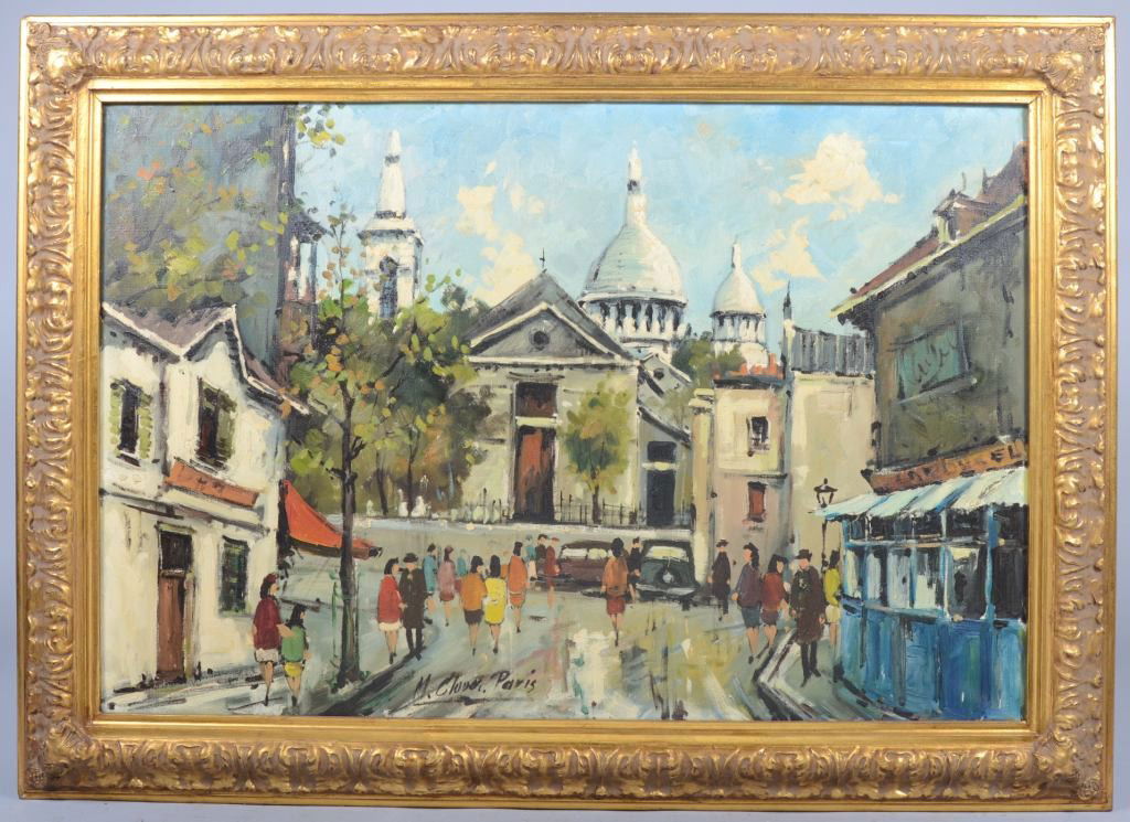 Impressionist Oil on Canvas of a Parisian Street S: Impressionist Oil on Canvas of a Parisian Street Scene, signed: "M. Clover, Paris" on lower center. Unknown. Painting is in a molded gold wood frame, 23 1/2"h. X 35 1/2"w. sight and 31"h. X 43"w. over