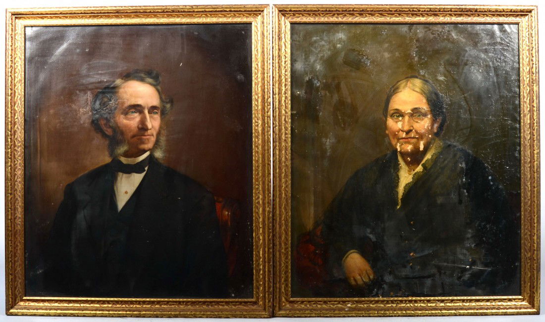 Oil on Canvas Portraits of a Mid 19th Century Gent: Oil on Canvas Portraits of a Mid 19th Century Gentleman, attributed to John L. Harding, NYC, 1877. Painting purportedly of A. D. Matthews and his wife, of Brooklyn, NY. Paintings in period style gold