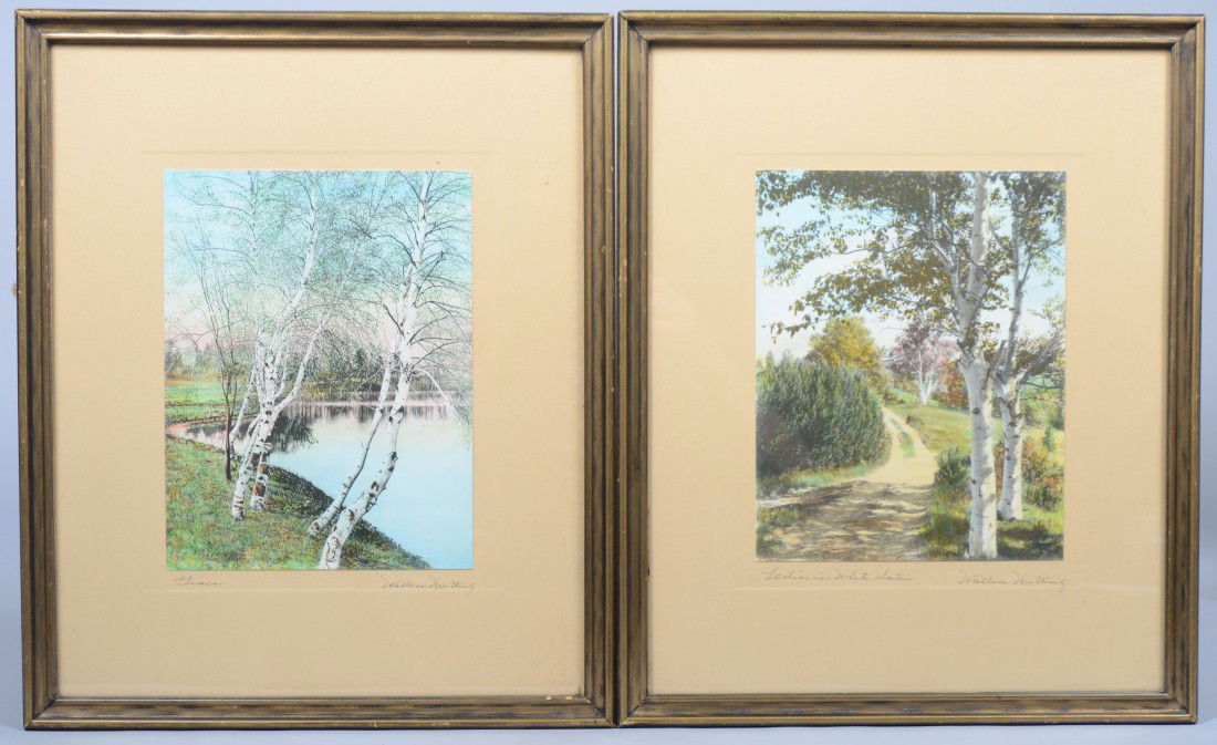 Two Framed Hand Tinted Photos, signed: "Wallace Nu: Two Framed Hand Tinted Photos, signed: "Wallace Nutting" in lower right corner of matte. Nutting, born 1861 lived and worked in Mass. and R. I. and was a prolific producer of this type of early 20th c