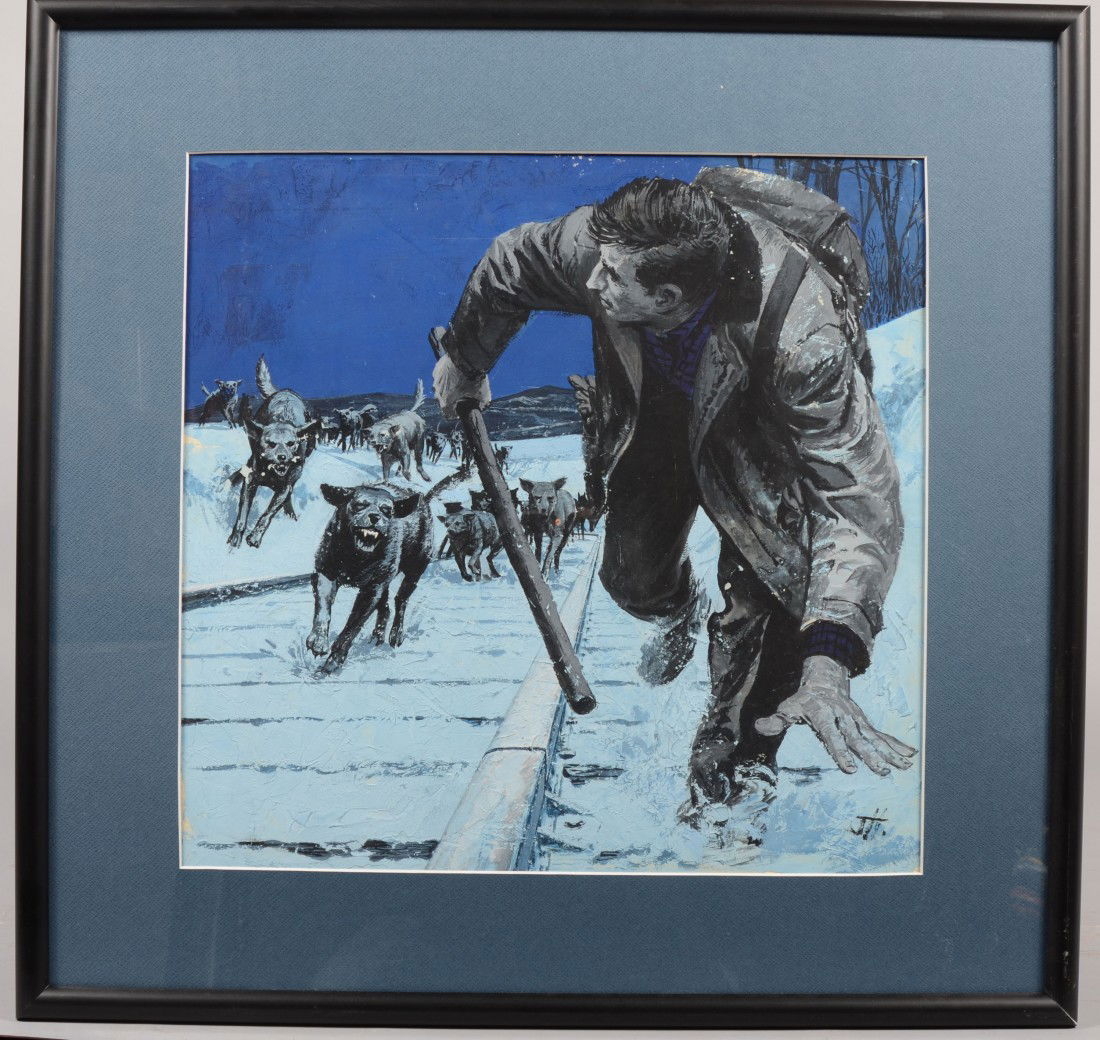 Acrylic on Paper Illustration of Man Running from: Acrylic on Paper Illustration of Man Running from Dogs in Snow. Signed with initials in lower right corner, J.H., unknown. Illustration in a black metal frame with wide blue matte, 17 1/2"h. X 18 "w.