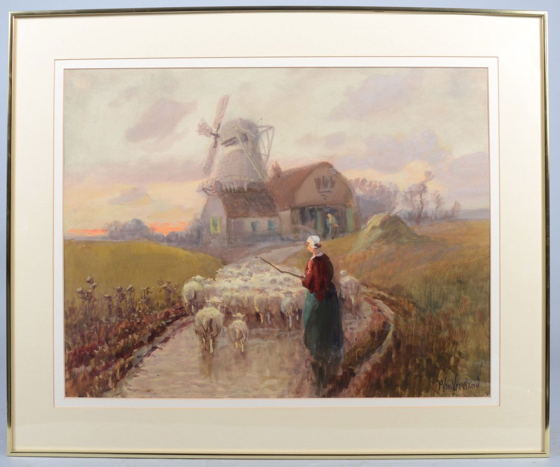 Gouache on Paper of Dutch Woman Herding Sheep. Sig: Gouache on Paper of Dutch Woman Herding Sheep. Signed: "F. Van Vreeland" in lower right corner. Van Vreeland was born in Nebraska in 1879, but lived and worked in Los Angles, CA. most of his life wher