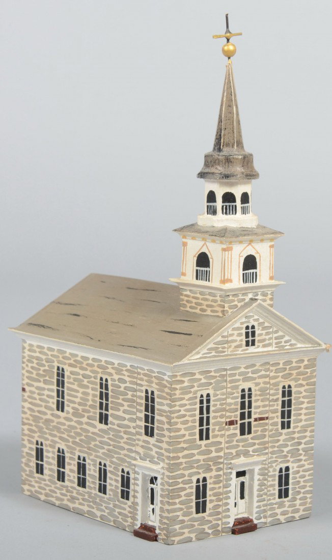John R. Dierwechter, Carved Wood and Folk Painted : John R. Dierwechter, Carved Wood and Folk Painted Model of "Old Salem Luthern Church, Lebanon, PA., #15, 1998." Stamped underneath: J.R.D. 8 1/2"h. Condition: Couple of bumps on roof edge, o/w good.